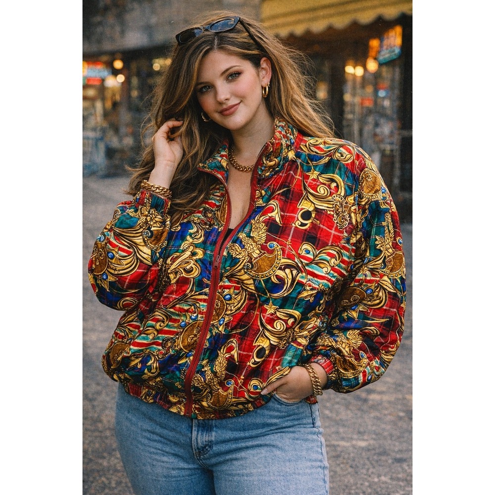 Clipper Bay Bomber‎ Jacket Womens 2X Multicolor Baroque Plaid Vintage Zip Up